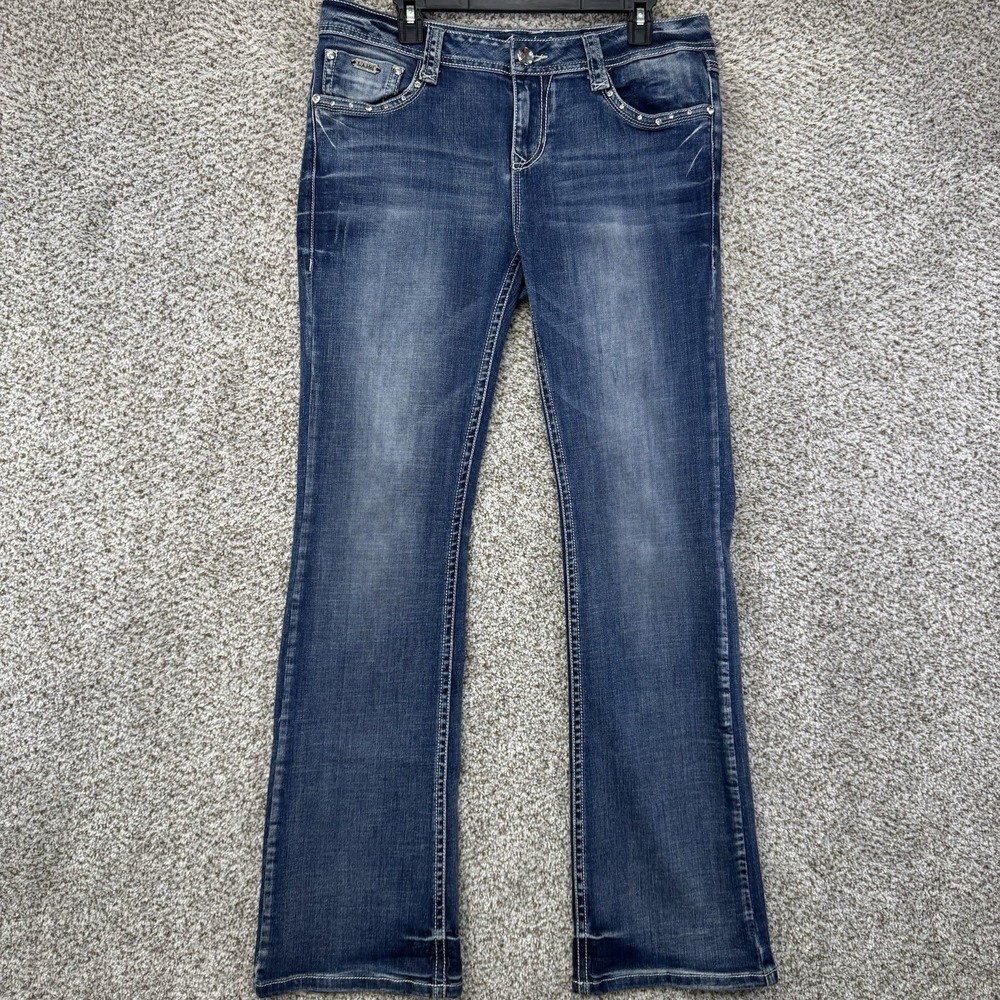 La Idol Jeans Women's Size 13 35x34 Rhinestones Back Pocket Flaps Bootcut Denim - Picture 6 of 16